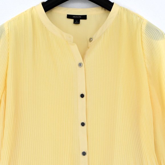 Alfani Womens Yellow Pleated Button Down Long Sleeve Banded Collar Top Plus 0X - Picture 4 of 7